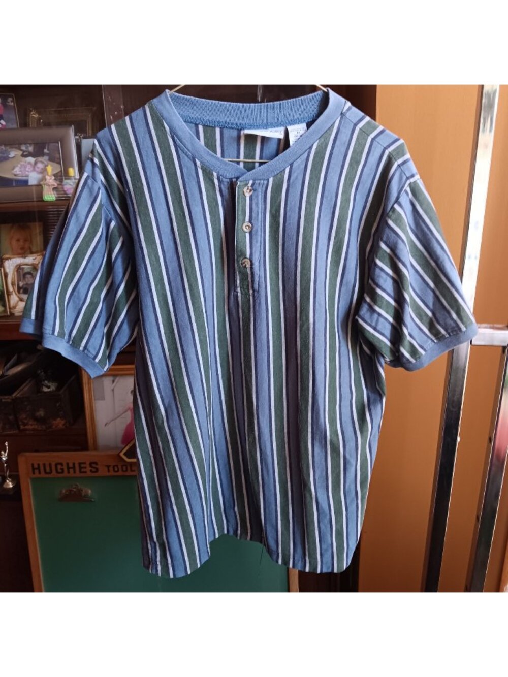 Vintage Medium T-shirt Willow Bay Striped Henley Blue/Green 1990's Y2K Geek